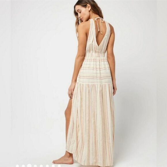 L Space Emma Maxi Dress Coverup Plunging Neckline in Cream Stripe Women's Medium - Picture 5 of 11